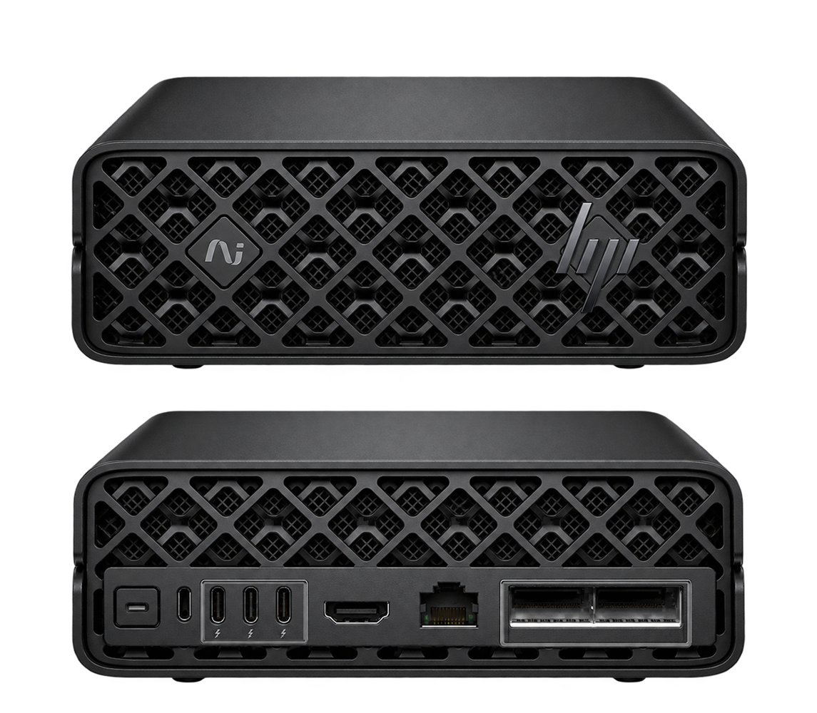 Trạm làm việc AI HP ZGX Nano G1n (HP ZGX Nano G1n AI Station): NVIDIA DGX™ OS 7 / Ubuntu 24.04, NVIDIA GB10 Grace Blackwell Superchip, 128 GB LPDDR5x, 1 TB / 4 TB SSD, Kiến trúc đồ họa Blackwell, 2x 200GbE QSFP.